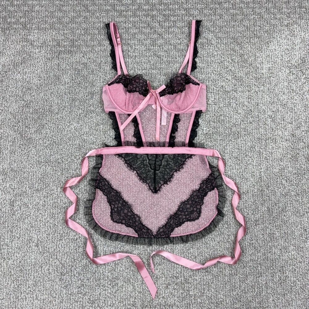 Victorias Secret Lingerie Womens XS Pink Polka Dot Lace Mesh Sheer Sexy Maid
